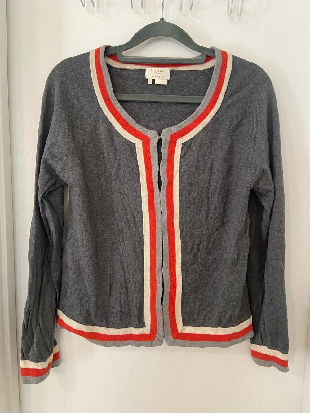 kate spade gray cardigan with cream and red trim wool/silk preppy size M